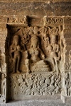 Ellora, Goddess with two attendants and elephant figures