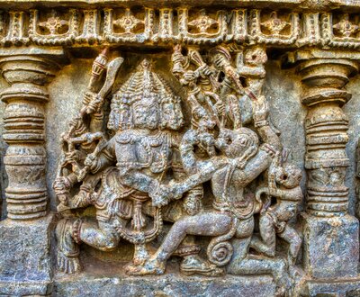 Ravana orders the killing of Hanuman when he is brought to his court in Lanka, Carving on the parapet wall - sequences from the epic Ramayana