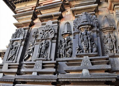 Chennakeshava temple, Beluru, northern wall reliefs around the sanctum, NW pillars, Rathi, Manmatha, and Vishnu