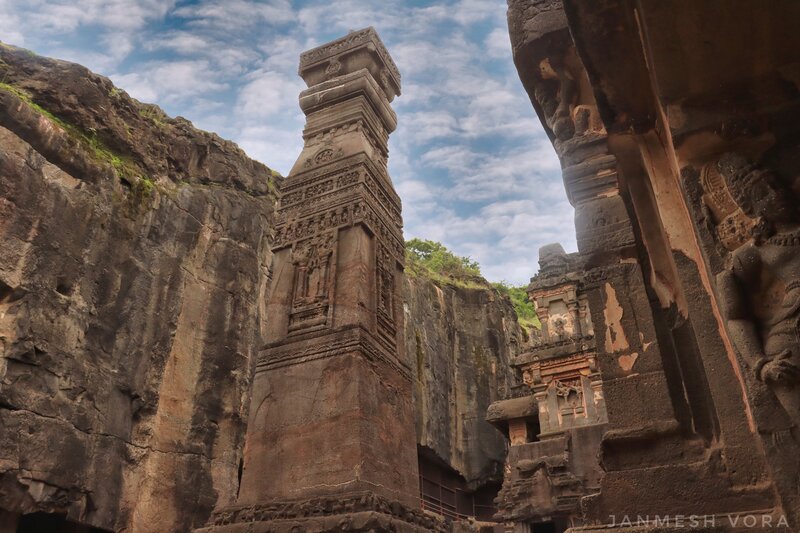 Ellora, Ornate Dhvajastambha, Kailasanath Temple