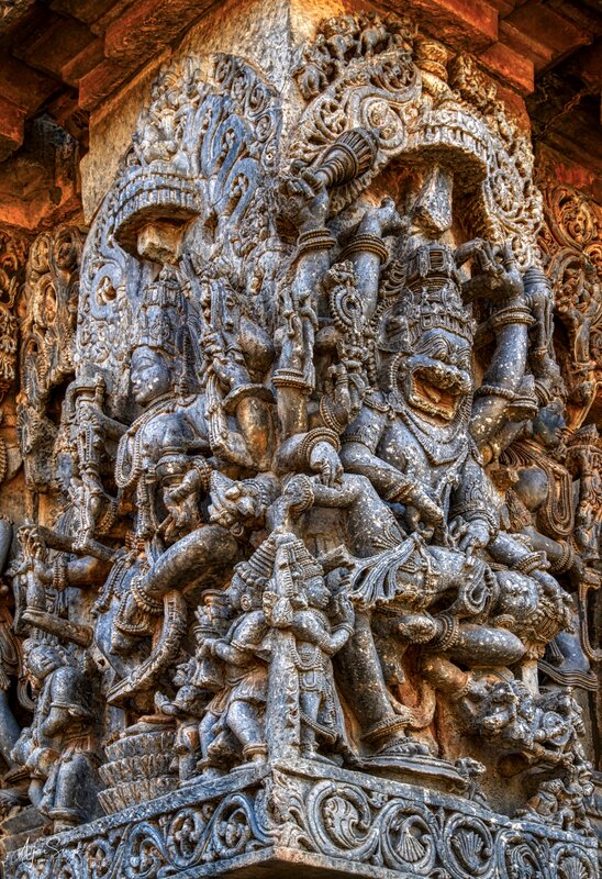Twin sculptures at the corner - on the right is Narasimha - half-man-half-lion incarnation of Vishnu - 76
