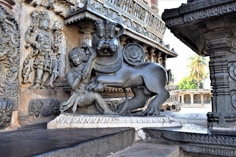 Chennakeshava temple, Beluru, Hoysala symbol of a man slaying a lion, to the right of the main door