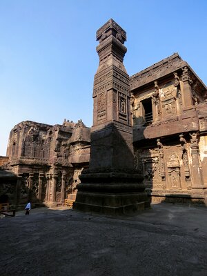 Dhvajastambha with intricate carvings, Kailasanath Temple, Ellora