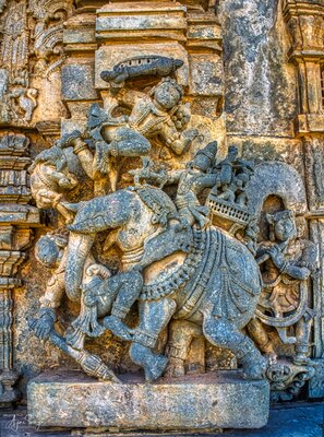 Chennakeshava temple, Beluru, War scene where an elephant fights a man, p29